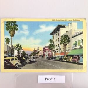 Vintage 1947 Linen Postcard Main Street Riverside California Buildings Cars